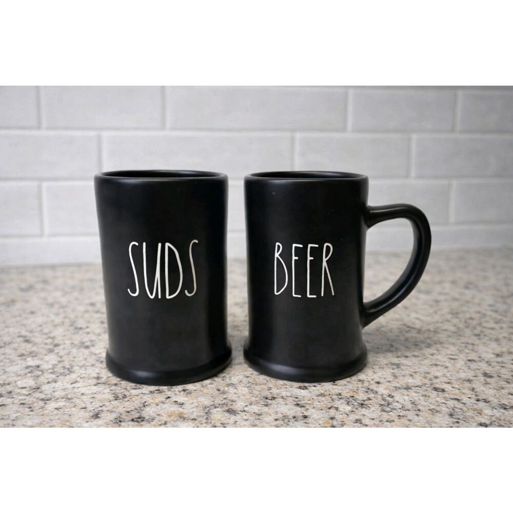 RAE DUNN Beer And Suds Mugs, Black Ceramic With Handle, 20 Oz Mancave